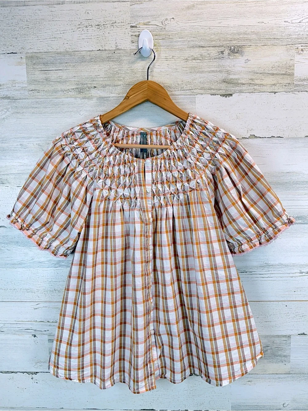 Anthropologie Plaid Smocked Peasant Blouse XL Cottagecore Boho